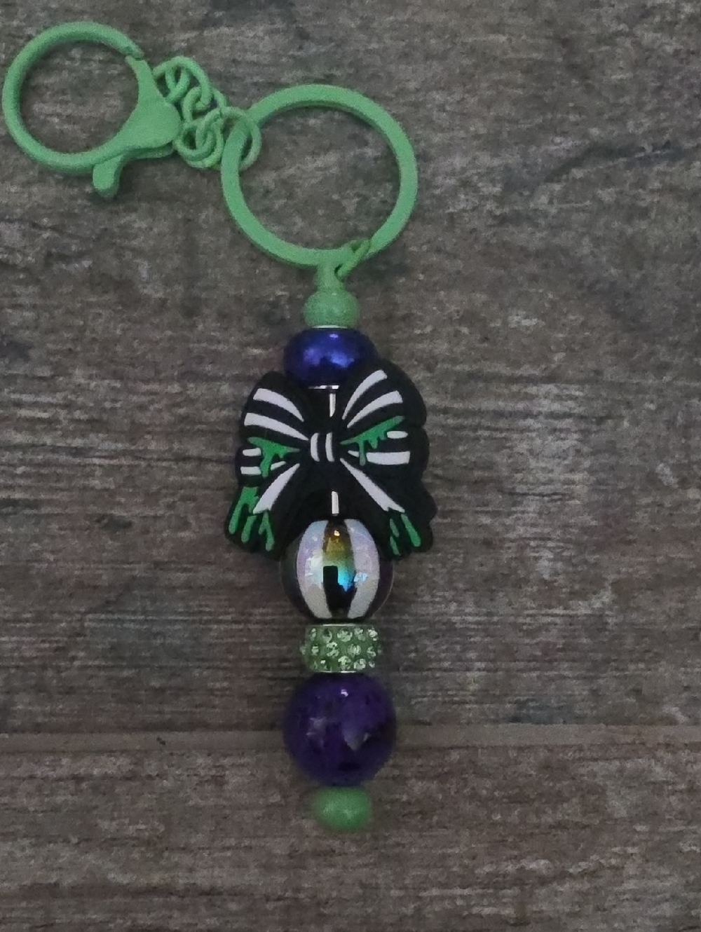 Beetlejuice Classic Black & White Bow With Green & Purple Accents  Keychain NWT
